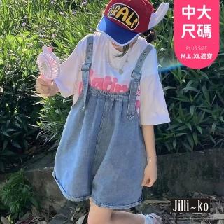 【JILLI-KO】學生減齡風夏季寬鬆牛仔吊帶褲女-F(藍)