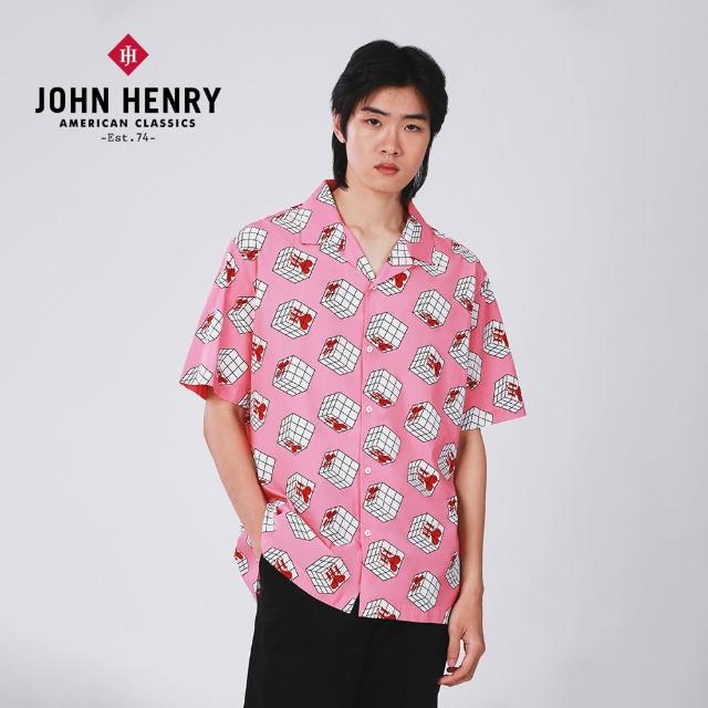 【JOHN HENRY】古巴領方塊圖案印花襯衫-粉色