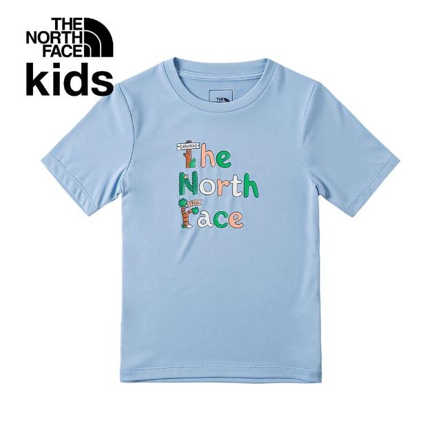 【The North Face】北面兒童藍色吸濕排汗防曬大尺寸趣味印花短袖T恤｜88HAQEO