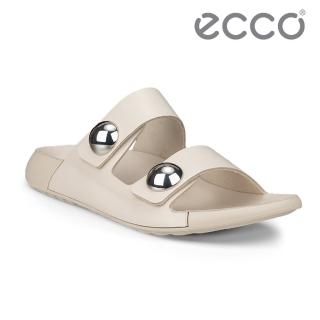 【ecco】COZMO W 科摩銀釦休閒皮革涼拖鞋 女鞋(石灰色 20688301378)