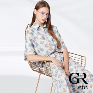 【GLORY21】品牌魅力款-etc.滿版花朵彩繪連袖造型襯衫(灰藍)