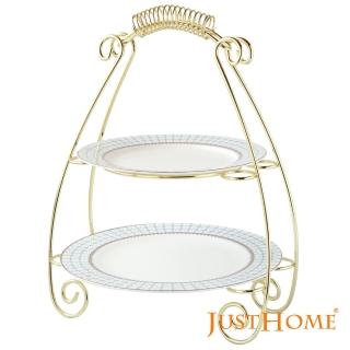【Just Home】英式高級骨瓷螺紋雙層蛋糕平盤附盤架3件組/點心盤架/下午茶(蛋糕盤架/午茶)