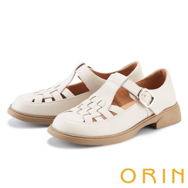 【ORIN】圓頭羅馬編織真皮平底鞋(米色)