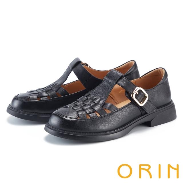 【ORIN】圓頭羅馬編織真皮平底鞋(黑色)