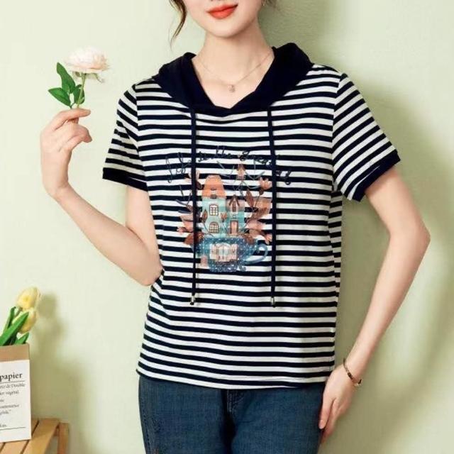 【chai yan 采妍】條紋童話屋縫線連帽短袖上衣(春夏兩季短袖上衣)