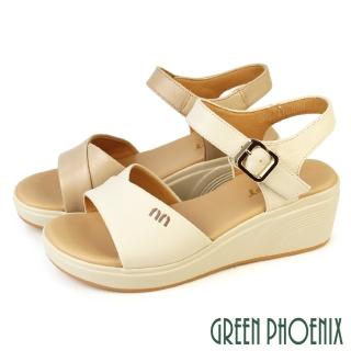 【GREEN PHOENIX 波兒德】女鞋 涼鞋 厚底涼鞋 楔型涼鞋 輕量 全真皮(粉紅、米色)