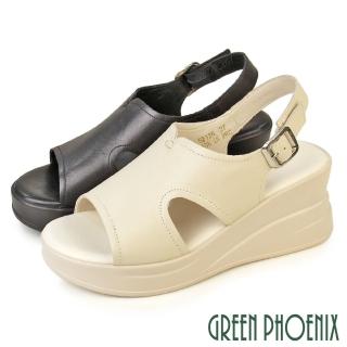 【GREEN PHOENIX 波兒德】女鞋 涼鞋 厚底涼鞋 楔型涼鞋 輕量 全真皮(米色、黑色)