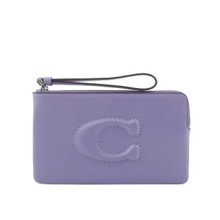 【COACH】C Logo 銀釦縫線標誌平滑皮革大款手拿包(紫羅蘭)