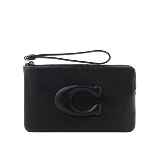 【COACH】C Logo 銀釦縫線標誌平滑皮革大款手拿包(黑色)