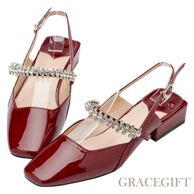 【Grace Gift】燦爛水鑽方頭後空中跟鞋(紅漆)