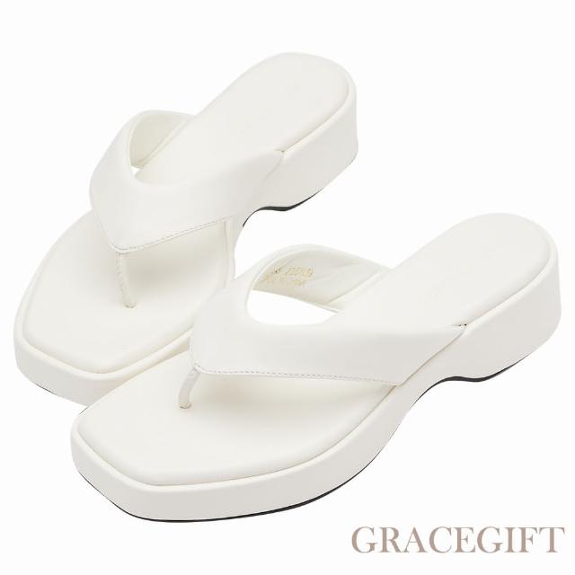 【Grace Gift】時尚方頭夾腳厚底拖鞋(米白)