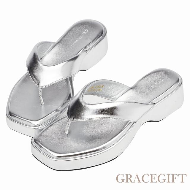 【Grace Gift】時尚方頭夾腳厚底拖鞋(銀)