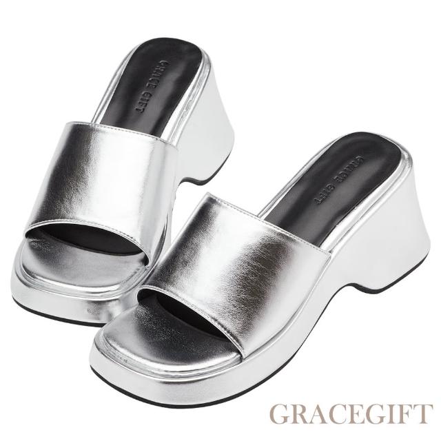 【Grace Gift】時髦圓方頭厚底拖鞋(銀)