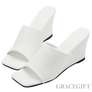 【Grace Gift】氣質方頭厚底楔型拖鞋(白)