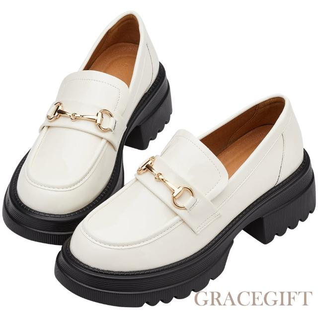 【Grace Gift】經典馬銜扣輕量厚底樂福鞋(米漆)
