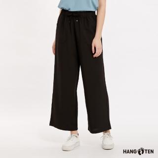 【Hang Ten】女裝-WIDE FIT鬆緊腰頭抽繩縲縈寬版長褲(黑)
