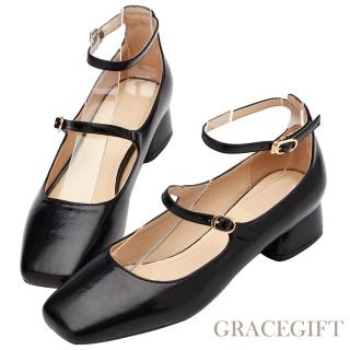 【Grace Gift】復古方頭雙帶中跟芭蕾瑪莉珍鞋(黑)