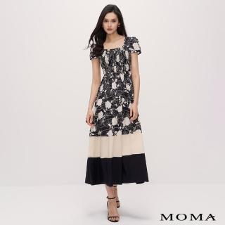 【MOMA】優雅方領繡花拼接洋裝(黑色)
