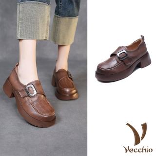 【Vecchio】真皮樂福鞋 粗跟樂福鞋/全真皮頭層牛皮復古深口金屬釦帶厚底粗跟樂福鞋(棕)