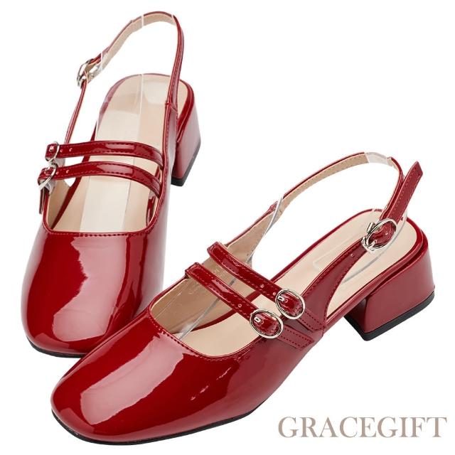 【Grace Gift】復古方頭雙帶瑪莉珍後空中跟鞋(紅漆)