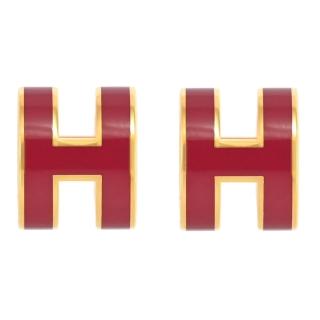 【Hermes 愛馬仕】MINI POPH 經典H LOGO造型橢圓時尚耳環(金/石榴紅)