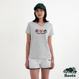 【Roots】Roots 女裝- BUDDY FRIENDS V領短袖T恤(白麻灰)