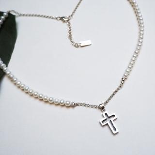 【mittag】cross pearl necklace_十字架珍珠項鍊(5mm淡水珍珠 十字架項鍊 925銀鍊 養殖珍珠)