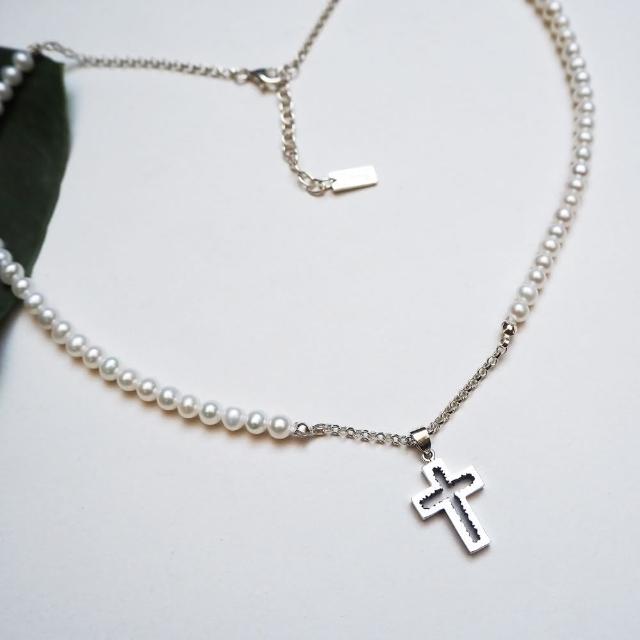【mittag】cross pearl necklace_十字架珍珠項鍊(5mm淡水珍珠 十字架項鍊 925銀鍊 養殖珍珠)