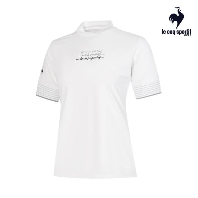 【LE COQ SPORTIF 公雞】高爾夫系列 女款白色三色LOGO印花防曬短袖立領衫 QLT2T204