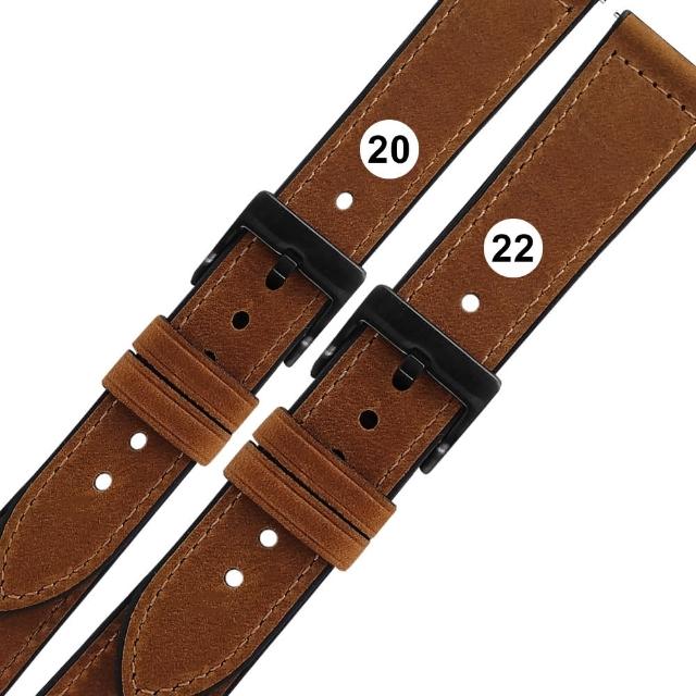【Watchband】20.22 mm / 各品牌通用 經典復刻 黑鋼扣 外層真皮 內層橡膠錶帶(棕色)