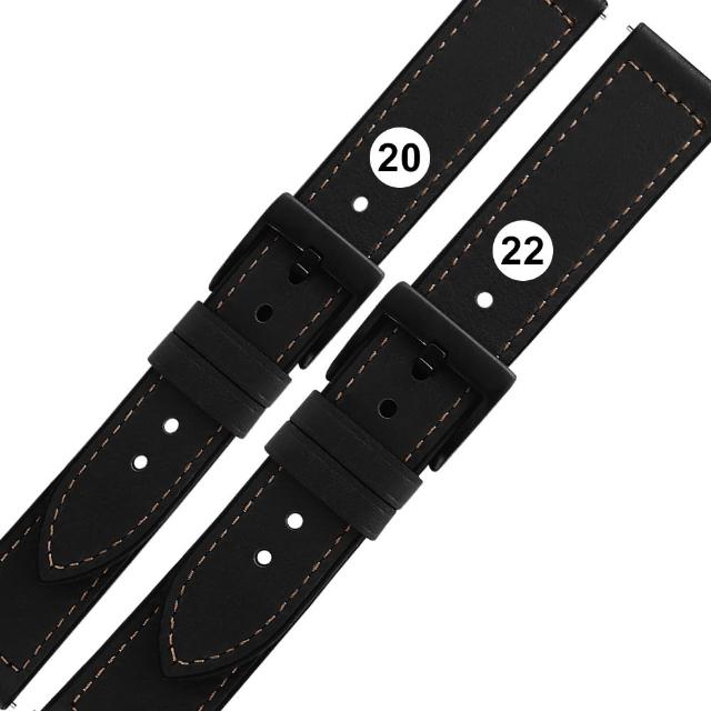 【Watchband】20.22 mm / 各品牌通用 經典復刻 黑鋼扣 外層真皮 內層橡膠錶帶(黑色)