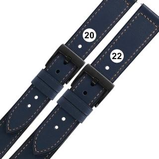 【Watchband】20.22 mm / 各品牌通用 經典復刻 黑鋼扣 外層真皮 內層橡膠錶帶(深藍色)
