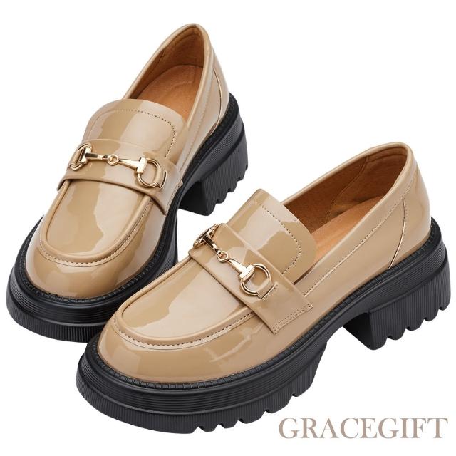 【Grace Gift】經典馬銜扣輕量厚底樂福鞋(卡其漆)