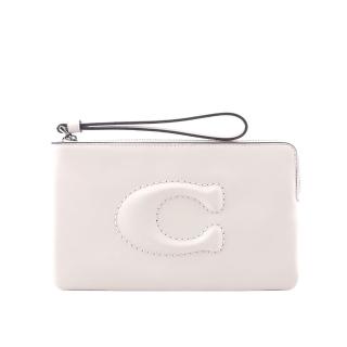 【COACH】C Logo 銀釦縫線標誌平滑皮革大款手拿包(白色)