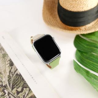 【Watchband】Apple Watch 全系列通用錶帶 蘋果手錶替用錶帶 雙色真皮錶帶(綠x米白色)