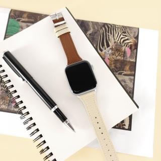 【Watchband】Apple Watch 全系列通用錶帶 蘋果手錶替用錶帶 雙色真皮錶帶(棕x米白色)