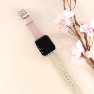 【Watchband】Apple Watch 全系列通用錶帶 蘋果手錶替用錶帶 雙色真皮錶帶(粉x米白色)