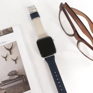 【Watchband】Apple Watch 全系列通用錶帶 蘋果手錶替用錶帶 雙色真皮錶帶(深藍x米白色)