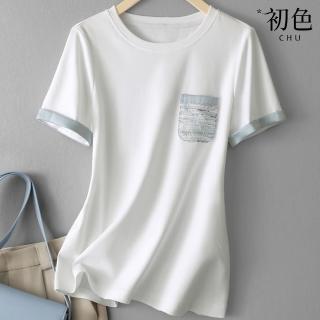 【初色】休閒簡約圓領拼接小香風設計感短袖寬鬆T恤上衣女上衣-白色-34547(M-3XL可選)