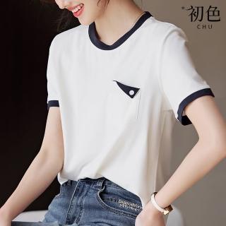 【初色】休閒簡約拼接圓領短袖寬鬆顯瘦T恤上衣女上衣-白色-34538(M-3XL可選)