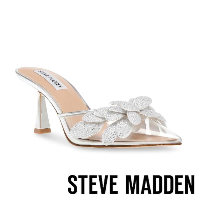 【STEVE MADDEN】MADDEN-LUXECITY-F 鑽面花瓣透明尖頭涼跟鞋(銀色)