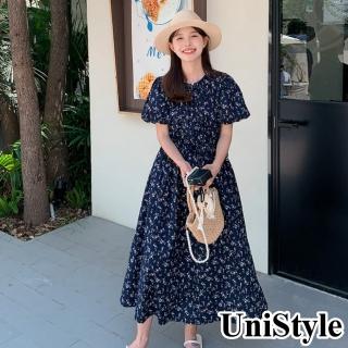【UniStyle】碎花短袖洋裝 韓系泡泡袖復古連身裙 女 ZM210-2394(藏藍)