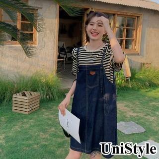 【UniStyle】2件套裝條紋短袖T恤牛仔吊帶裙 韓系復古減齡風 女 ZM168-9105(背帶裙條紋T)