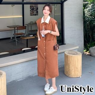 【UniStyle】無袖洋裝 韓系寬鬆減齡襯衫式連身裙 女 ZM136-8385(橘)