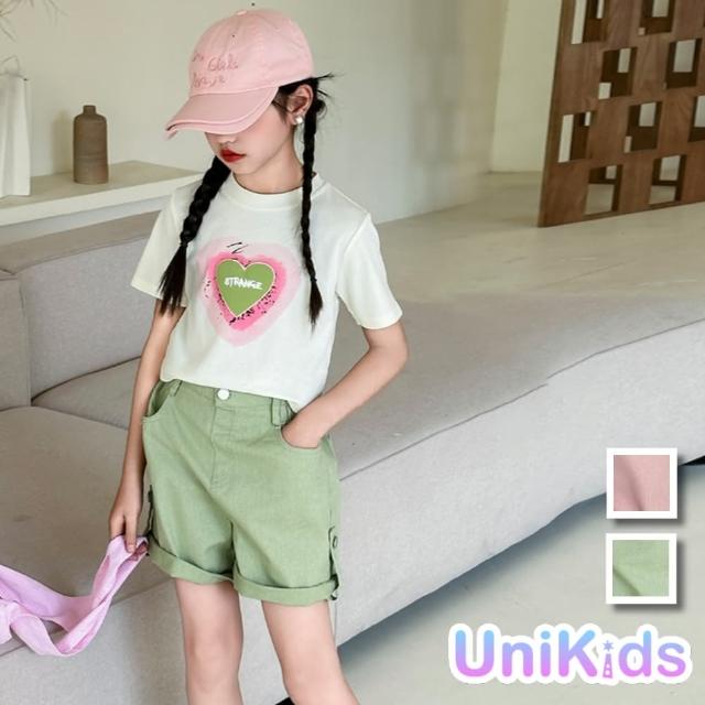 【UniKids】中大童裝2件套裝愛心短袖T恤休閒短褲 女大童裝 VP2413(粉 綠)