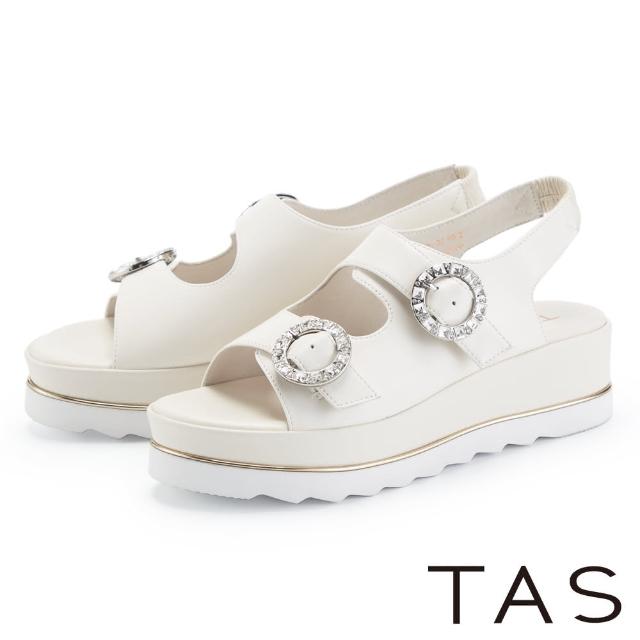 【TAS】愜意夏日雙帶水鑽羊皮厚底涼鞋(米白)