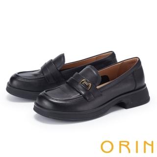 【ORIN】貓咪金屬線框牛皮厚底樂福鞋(黑色)
