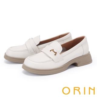【ORIN】貓咪金屬線框牛皮厚底樂福鞋(米色)