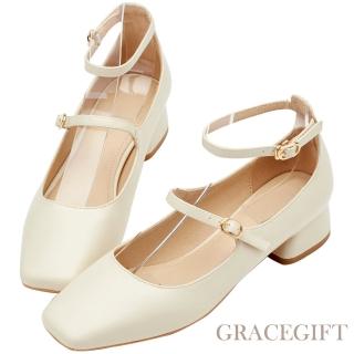 【Grace Gift】復古方頭雙帶中跟芭蕾瑪莉珍鞋(米白)