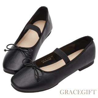【Grace Gift】浪漫圓頭蝴蝶結平底芭蕾舞娃娃鞋(黑)